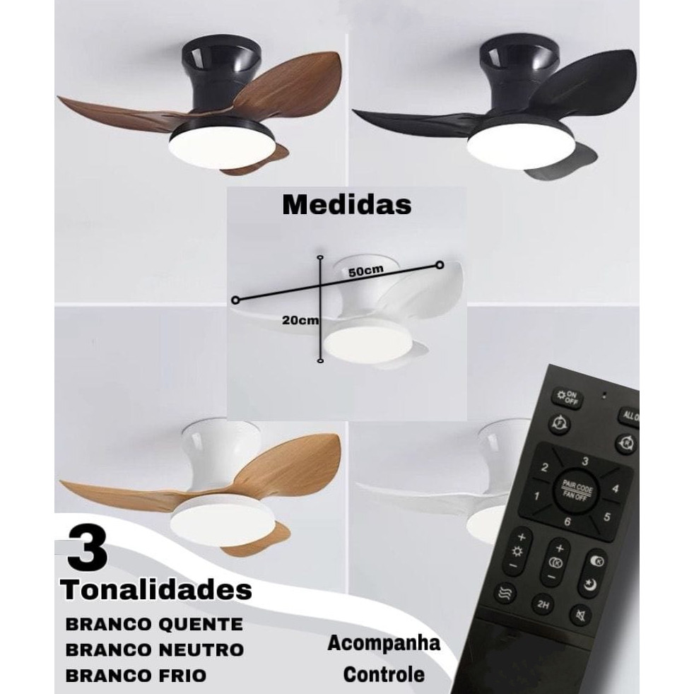 Ventilador de teto Inverter Controle Remoto 6 Velocidades 3 Cores de led Bivolt vl-005 em Oferta na Shopee