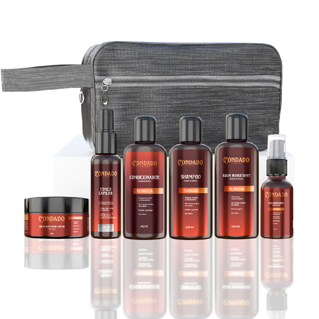 Kit Barba Floresta Shampoo Amadeirado Necessaire Cinza Óleo Balm Creme Tônico Capilar Completo