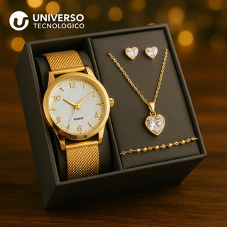 Kit Relógio Feminino + Colar + Pulseira + Brinco Rma13 em Oferta na Shopee