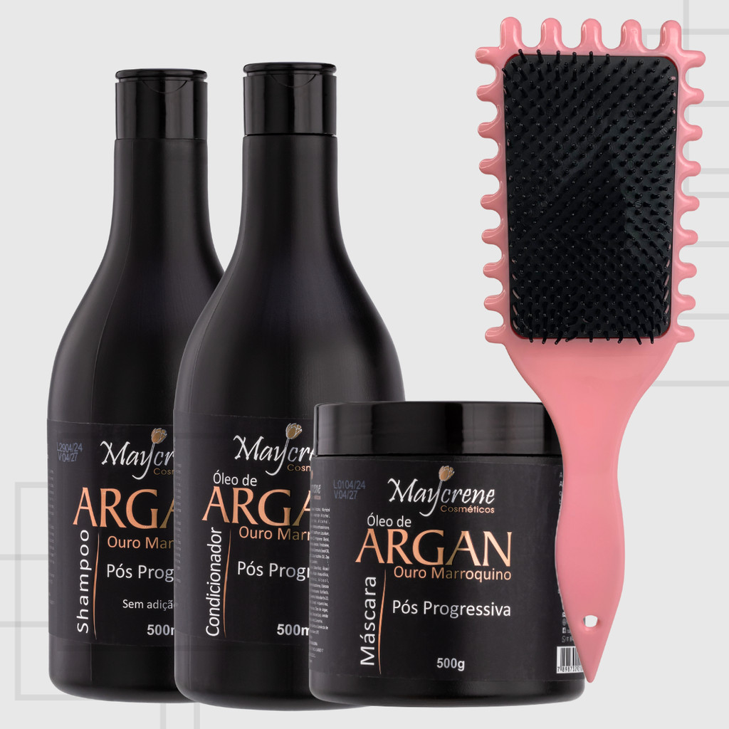 Kit Tratamento Cabelo Pós Progressiva Óleo de Argan com Escova Fitagem Finalização Maycrene