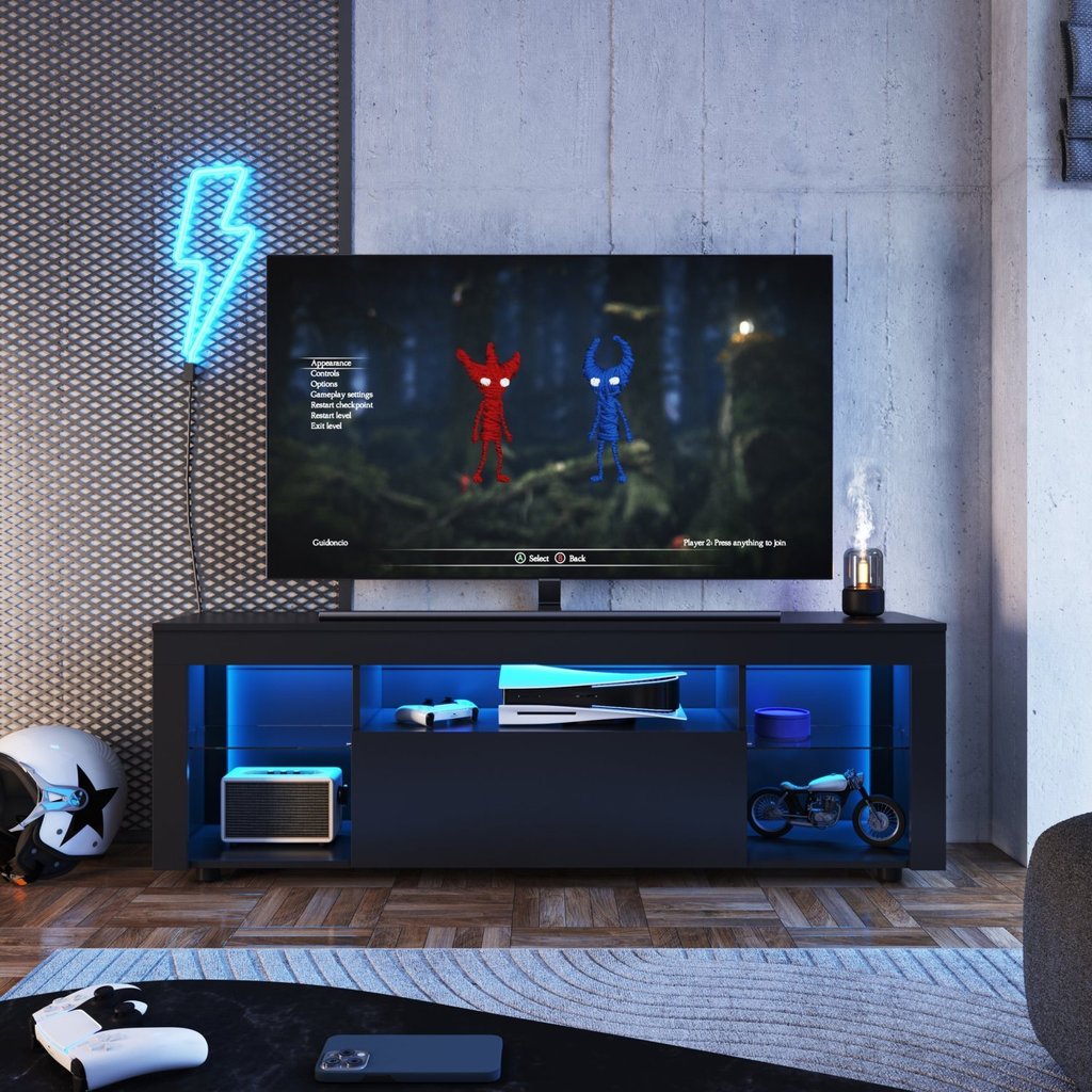 Rack para TV até 60 Polegadas com LED 160cm Gamer 1 Gaveta 2 Prateleiras em Vidro Yescasa Preto Preto