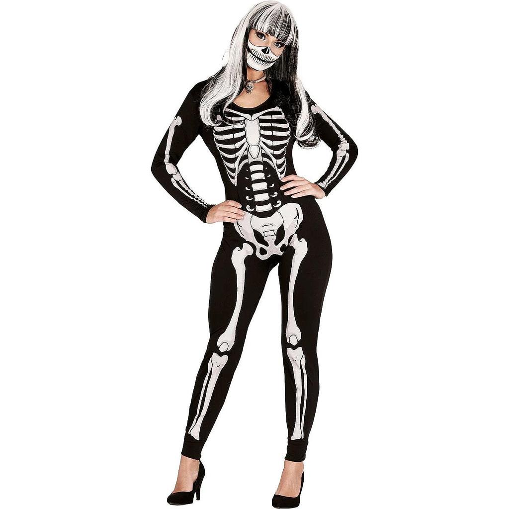 Fantasia Halloween Esqueleto Feminina Caveira Mexicana Adulta Macacão Classico Dia das Bruxas de Luxo
