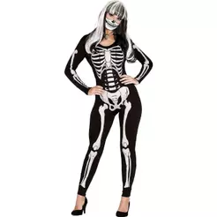 Fantasia Halloween Esqueleto Feminina Caveira Mexicana Adulta Macacão Classico Dia das Bruxas de Luxo