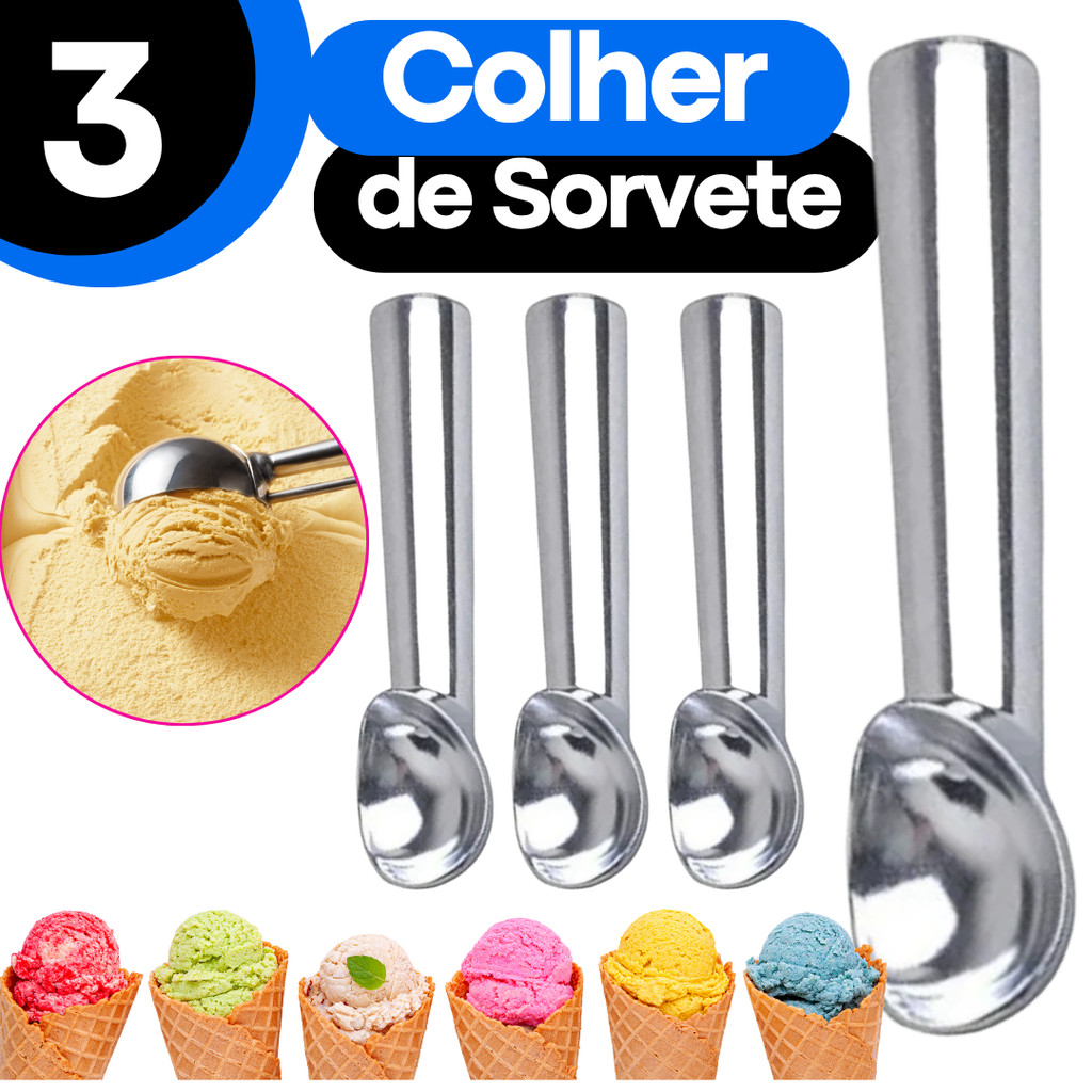 KIT 3 Colher de Sorvete Aluminio Profissional 18 cm  Pegador Boleador Sorvete Açai Uso Diário