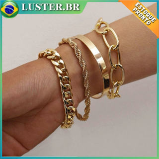 Conjunto de 4 pulseiras em camadas com correntes grossas - Ajustáveis, simples e empilháveis ​​- Lucky Jewelry Gift em Oferta na Shopee