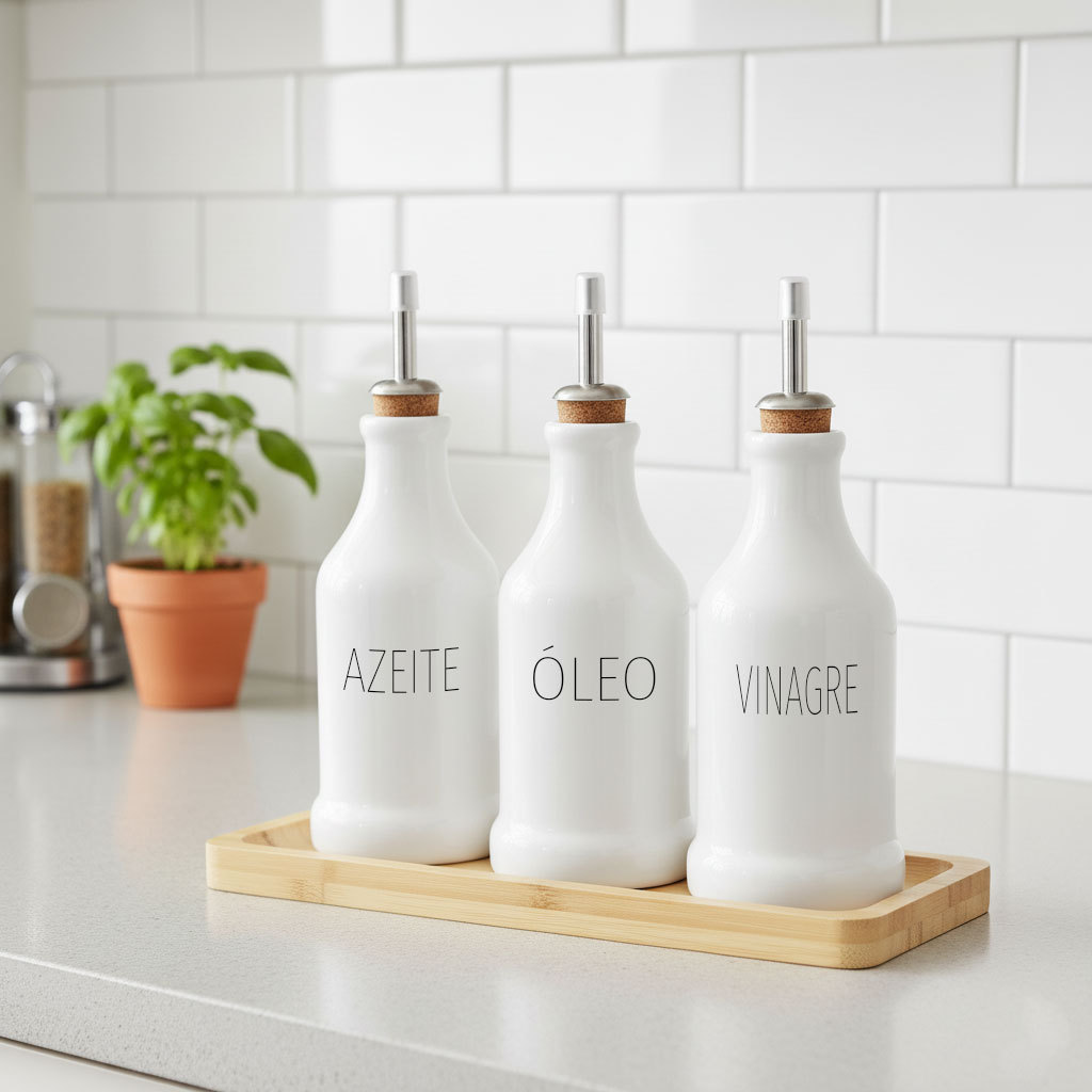 Garrafas Galheteiro Porcelana Azeite Shoyu e Vinagre com Bandeja de Bambu