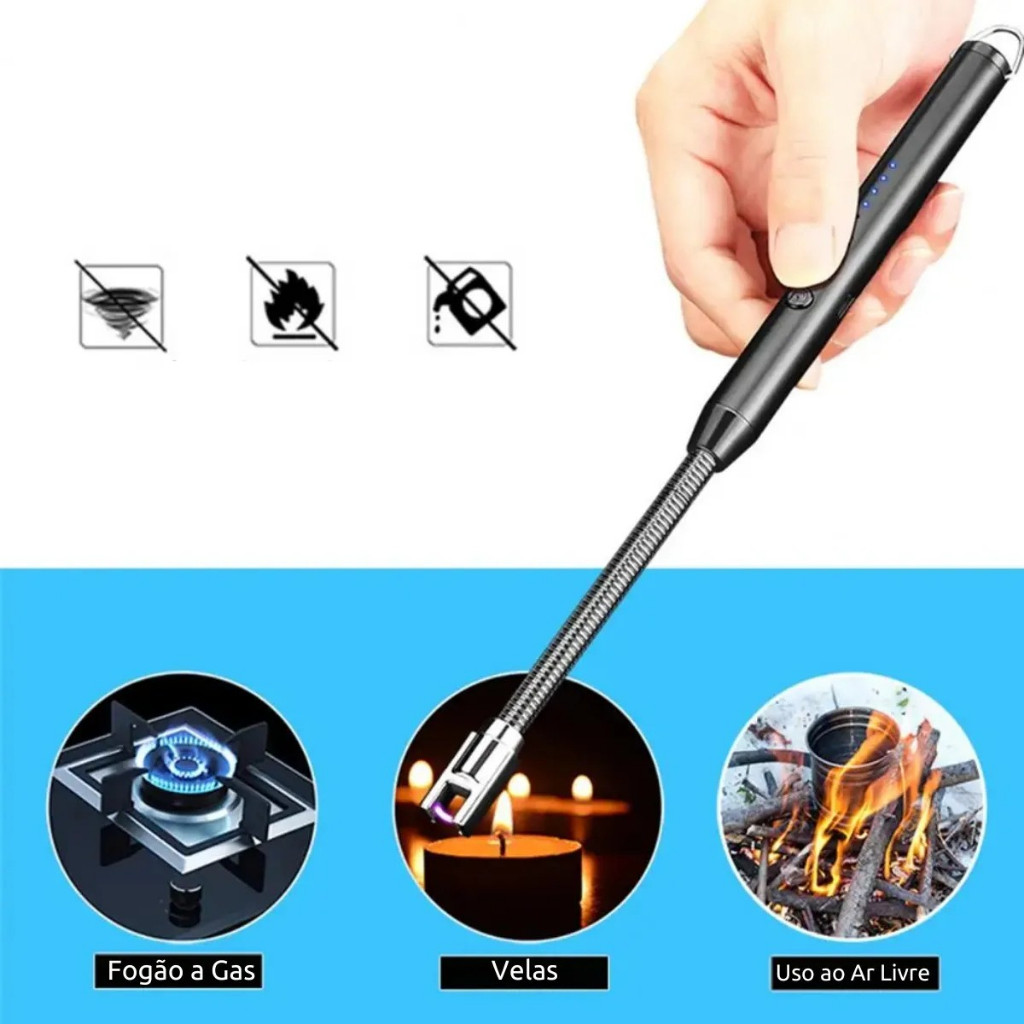 Isqueiro Elétrico Recarregável USB 🔥 Flexível – Vento, Velas, Fogão e Churrasco (Várias Cores)