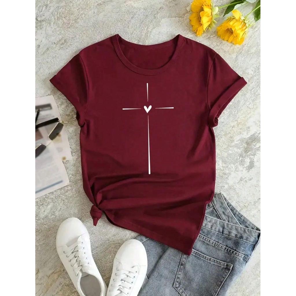 Camiseta Feminina Cruz com Coração Delicado - Roupas Femininas Lançamento Branco e Bordô