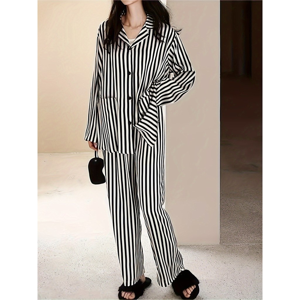 Imagem Onda listrado pijamas feminino outono inverno macio confortável manga comprida Cardigan Loungewear High-End sentimento p