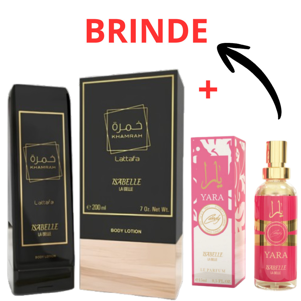 Kit Creme Bisnaga Khamrah e + Perfume Arabe Yara Candy 15ml Hidratante Corporal 200ml