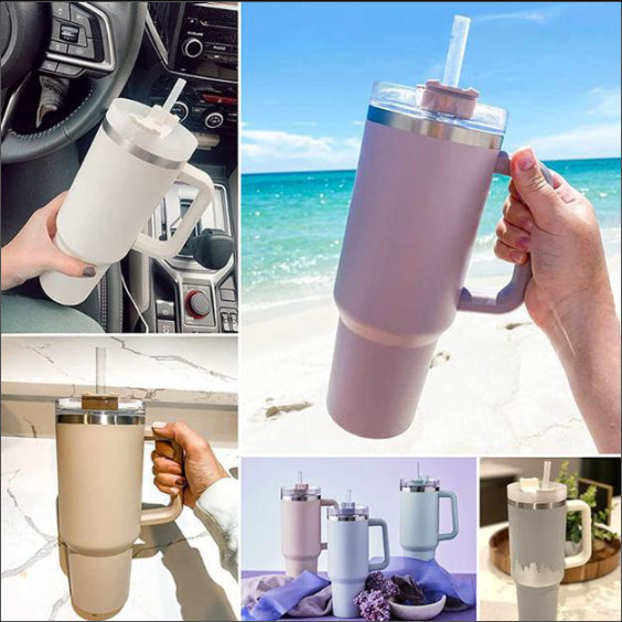 Térmico Copo Inox Alça Flip Straw com canudo de Metal 1200ml