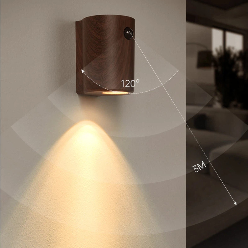 Arandela Madeira Sensor Movimento LED Bivolt Ângulo 120° Alcance 3M Decoração Corredor Quarto