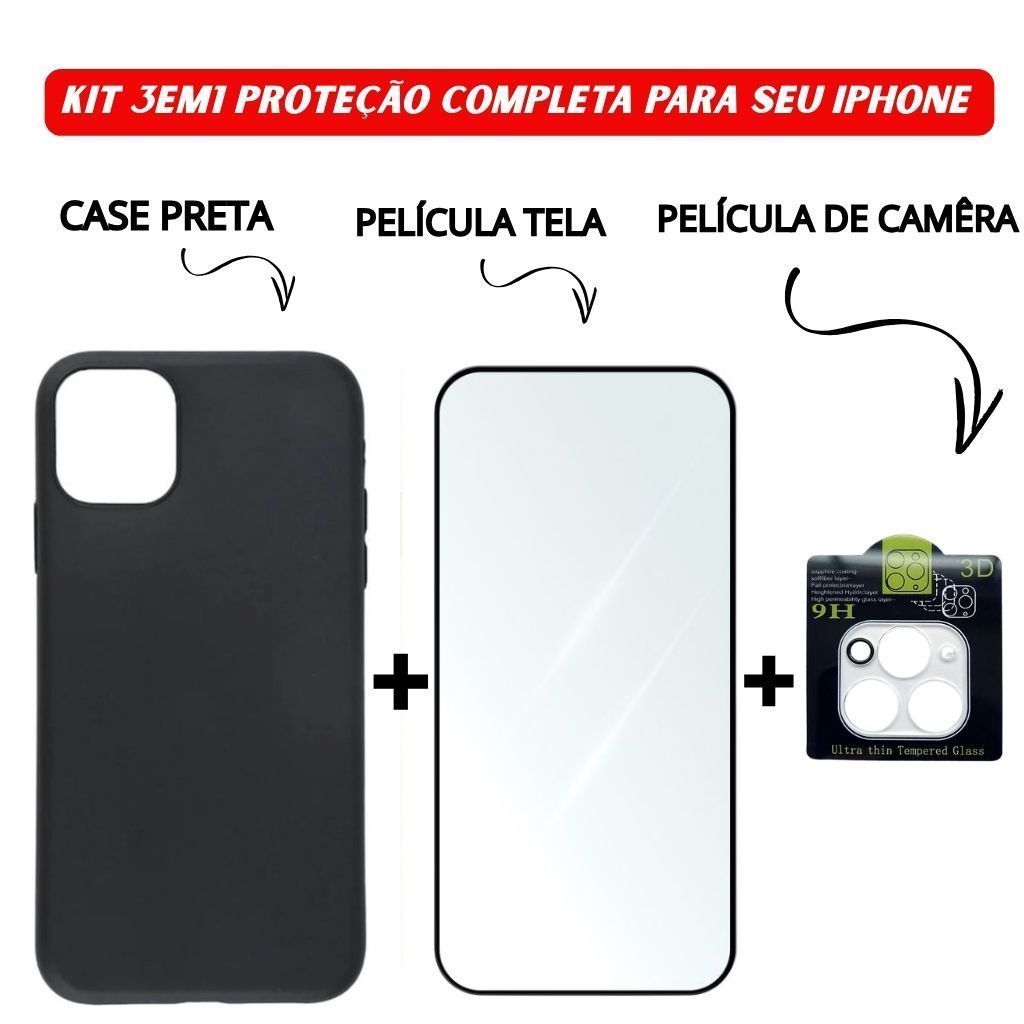 Kit Case Preto + Película Vidro Temperado + Lente Câmera iPhone 11 12 13 14 15 16 Pro Max - ABM