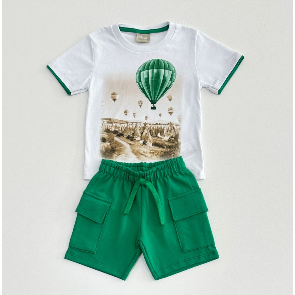 Conjunto Infantil Menino Milon Camiseta Branca Balão com Bermuda Moletom Verão 2001318