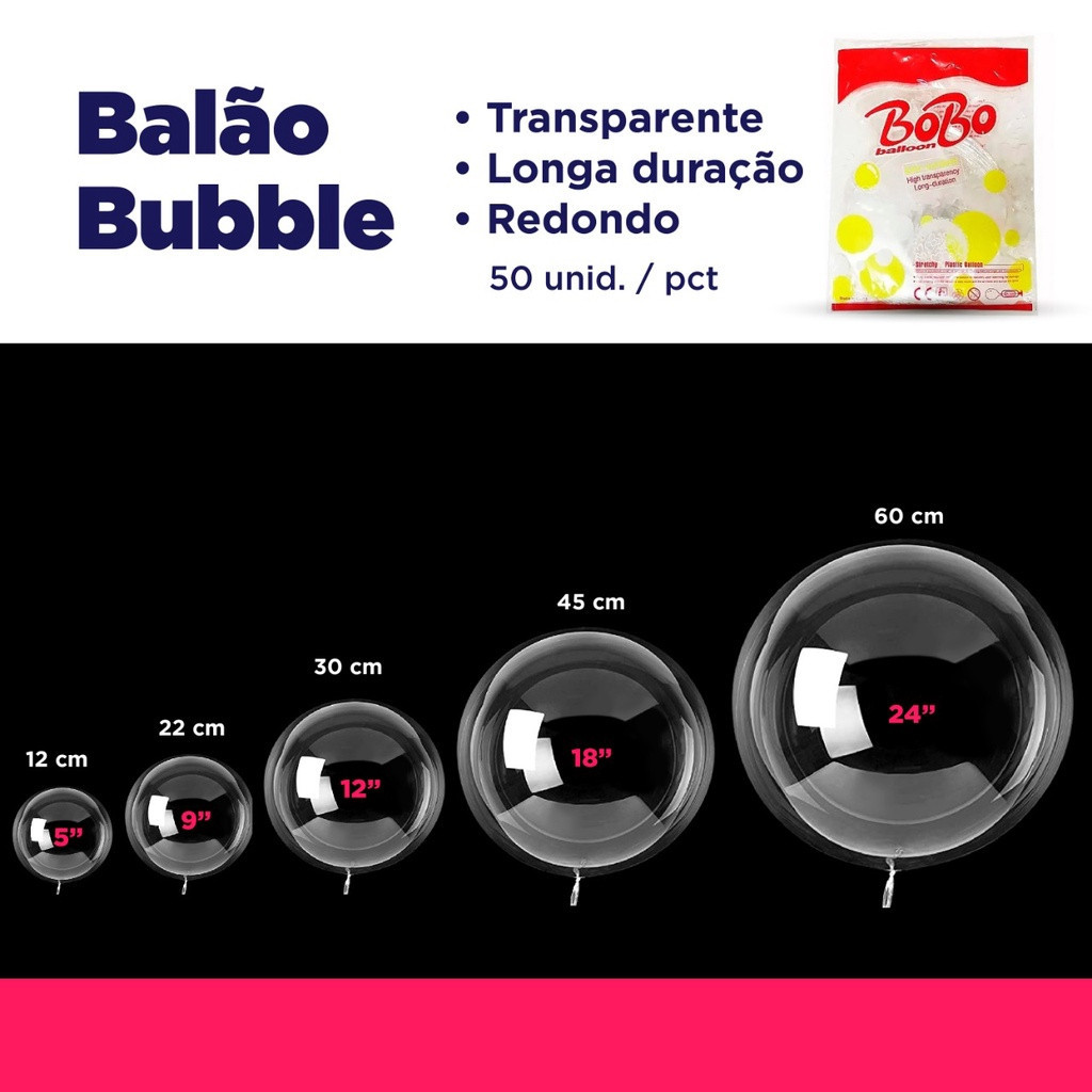 Balão Bubble Transparente 5" 9" 12" 18" e 24" -BOBO BALLON