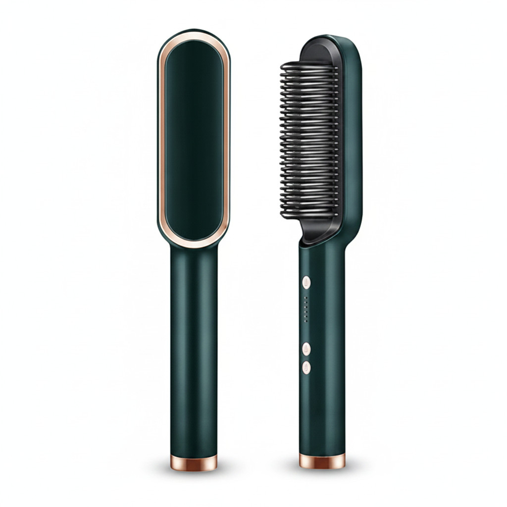 Escova Alisadora Elétrica Verde Bivolt Profissional 5 Níveis Temperatura para Cabelo Sedoso e S