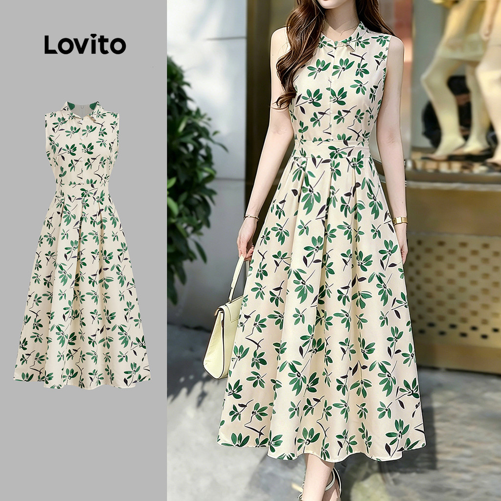 Lovito Elegante Vestido com Botões Frontais e Flores Pregas para Mulheres primavera/verão L184ED839