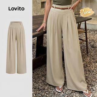 (New Arrival) Lovito Calças Elegantes com Pregas Calças Cáqui de Primavera/verão para Mulheres PTB198P1D179