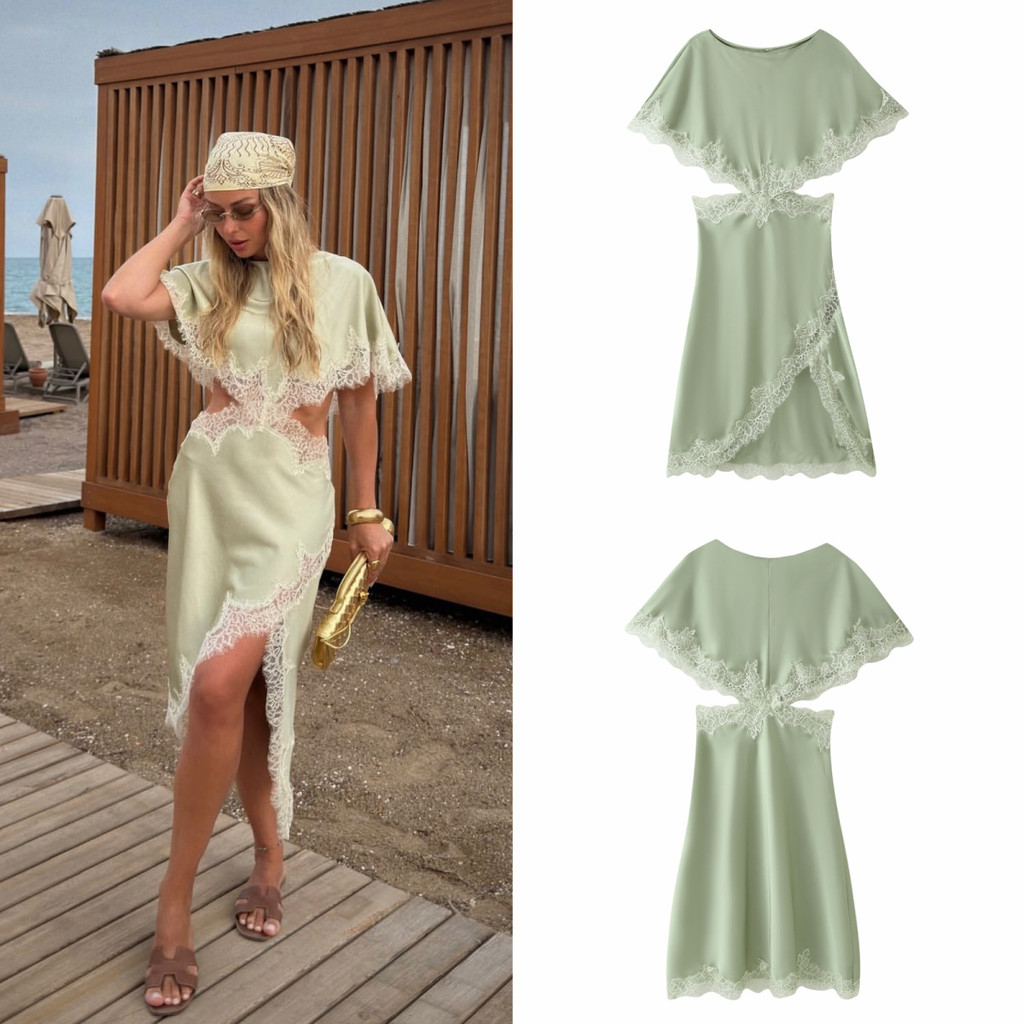 Vestido midi De Cetim Verde Menta Com Mangas Esvoaçantes De Renda , Cintura Oca , Fenda Lateral , Elegante À Beira-Mar D