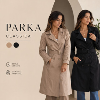 Parka Feminina Alongada Casaco Forrado Sobretudo Trench Coat com Cinto