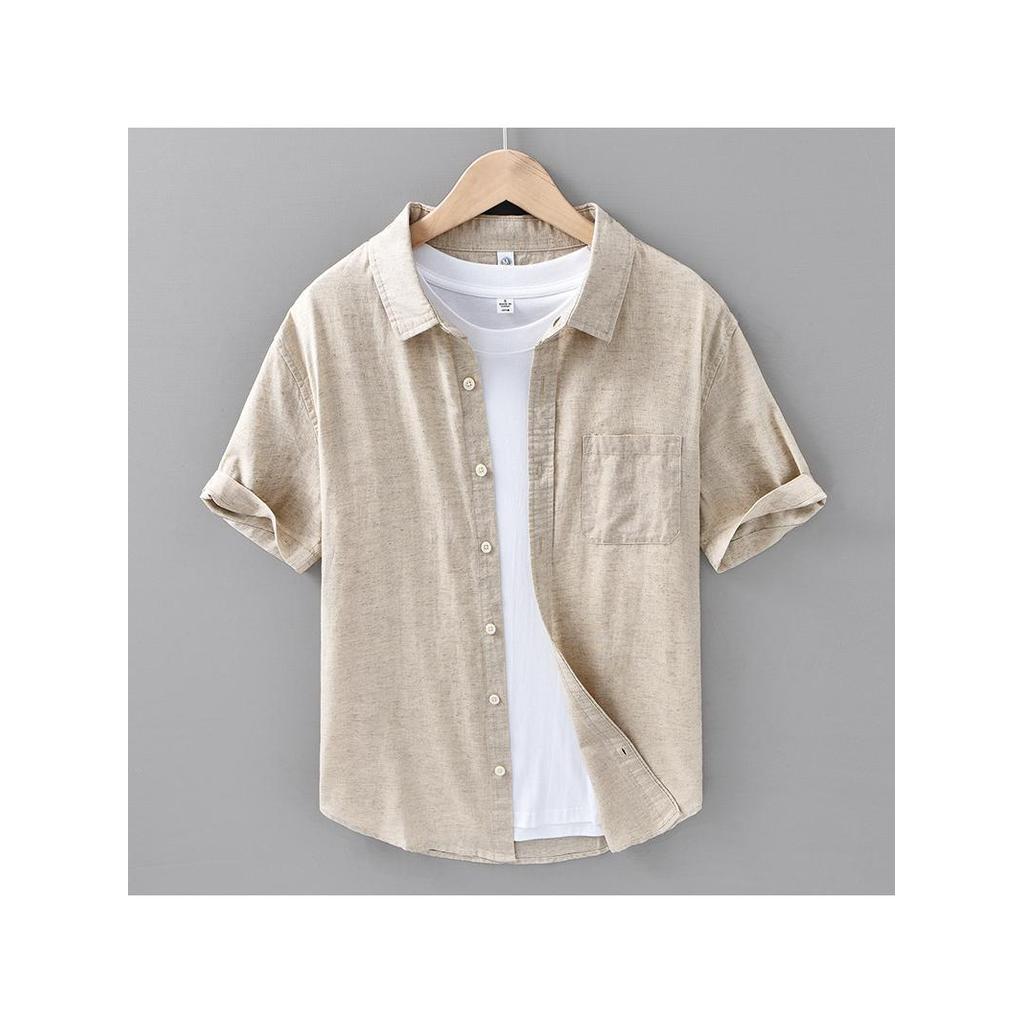 Novo estilo de linho masculino camisa de manga curta Casual algodão linho camisa masculina linho cor sólida simples meia