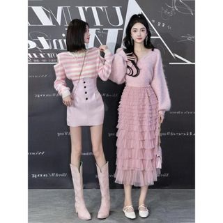 Xiaoxiang estilo celebridade High-End rosa bolo saia feminina moda suave cintura elástica mais magro olhar em camadas sa