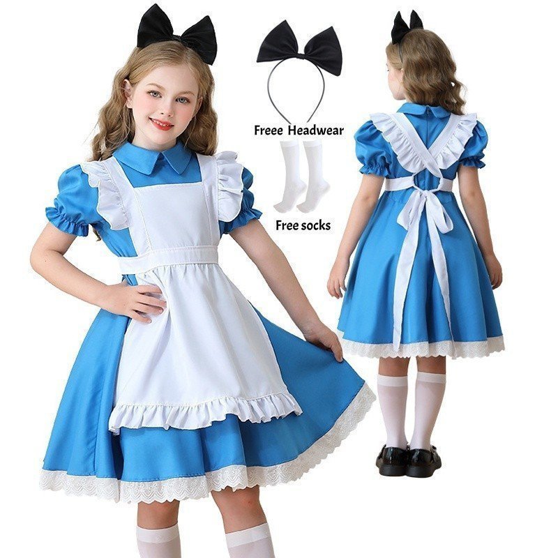 Novidades: Fantasia Infantil de Alice no País das Maravilhas Azul para Halloween, Vestido de Empregada Lolita para Festa