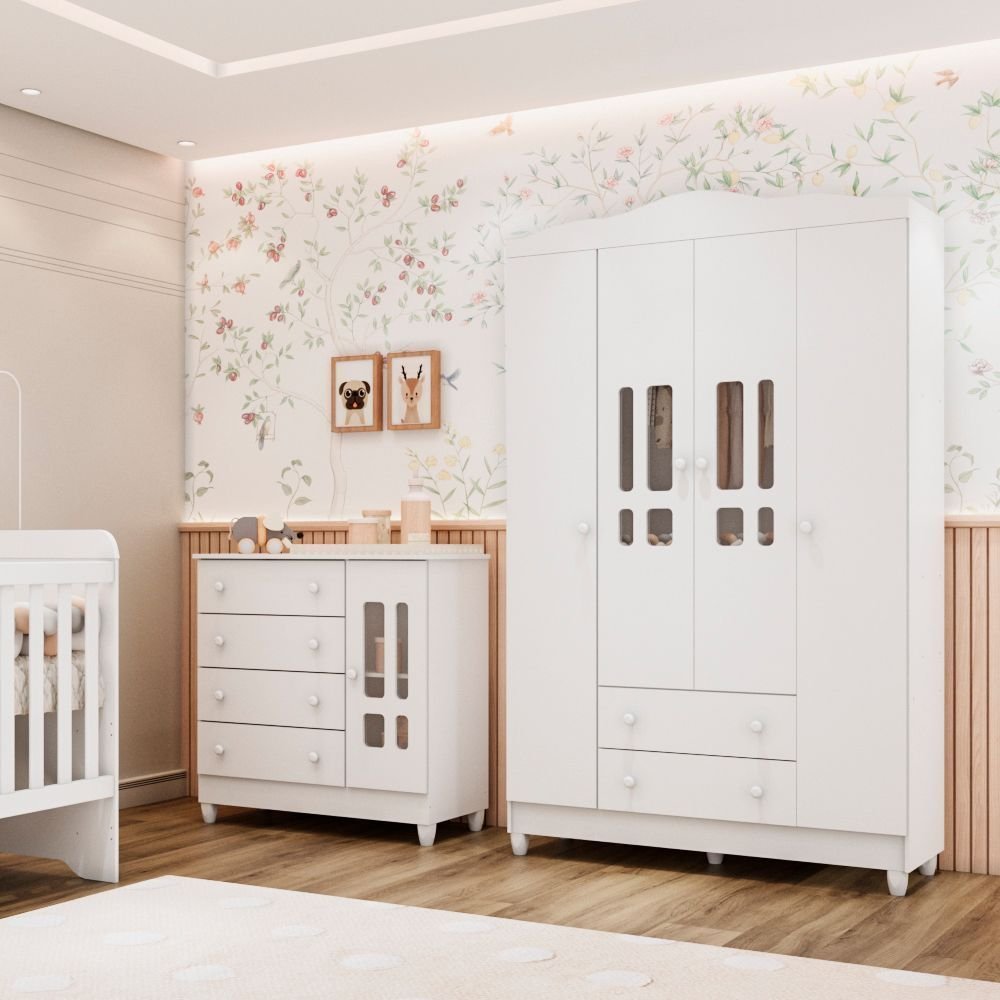 Conjunto Quarto Bebê Guarda Roupa Ariel 4 Portas Cômoda 4 Gavetas 1 Porta 100% MDF Branco Branco