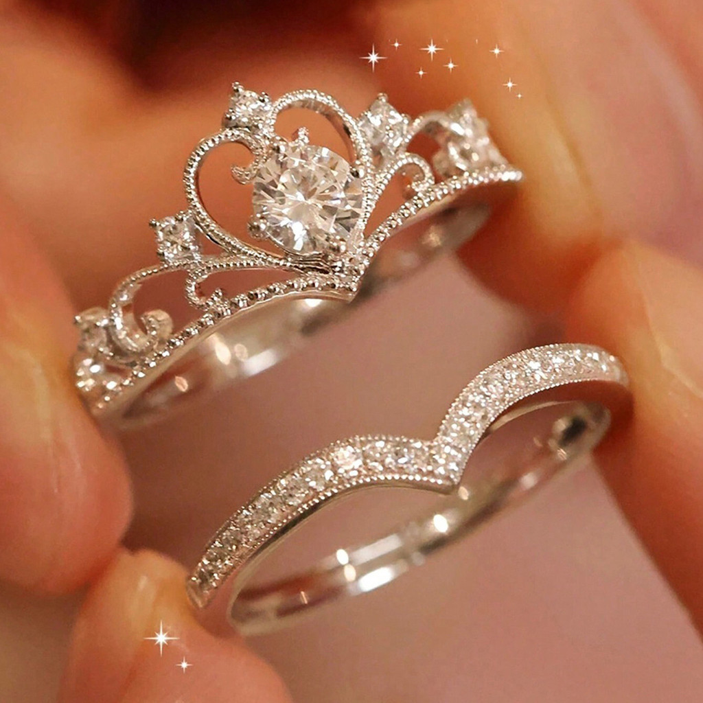 Coroa de diamante princesa anel de diamante anel de casamento venda quente estilo simples conjunto de anel aberto conjun