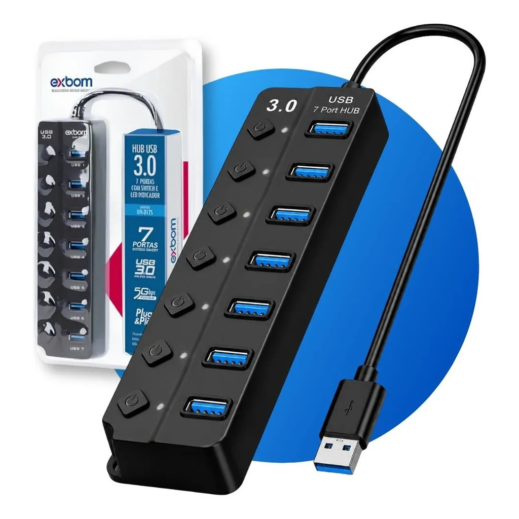 Hub Usb 3.0 Régua com 7 Entradas USB Portas Com Interruptor Individual Led 5gbps com Botão Liga e Desliga