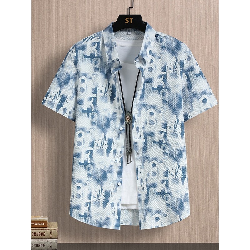 Camisa estampada de verão masculina, manga curta, seda gelada, estilo fino, versão coreana, camisa Slim Fit, sem ferro, 