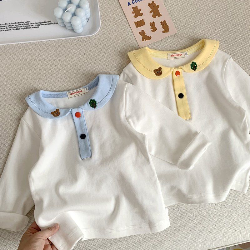 Crianças de manga comprida camiseta primavera outono novo estilo masculino feminino bebê lapela urso bordado bonito esti