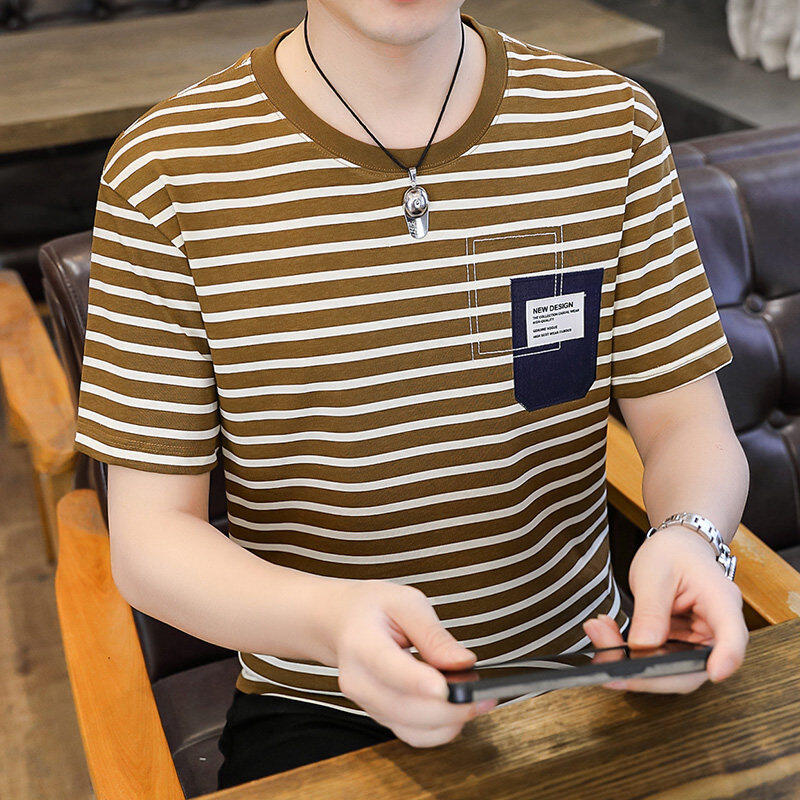 Camiseta listrada de manga curta masculina verão moda na moda remendo em torno do pescoço topo masculino Casual All-Matc