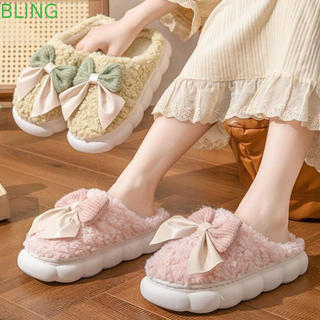 Chinelos De Algodão Com Laço BLING , Sapatos Fofos E Quentes Estilo Doce Fundo Grosso Femininos Antiderrapantes Confortá