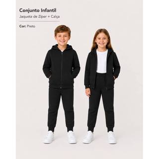 Conjunto Moletom Infantil Unissex Casaco com Capuz e Zíper Calça Moletom Quentinho Confortável Básico Escolar