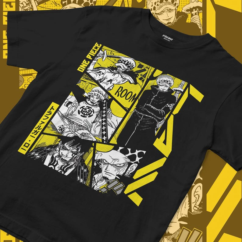 Camiseta Masculina Feminina Oversized Estampa Trafalgar Law Painel Mangá Amarelo One Piece T-shirt Streetwear Moda Anime