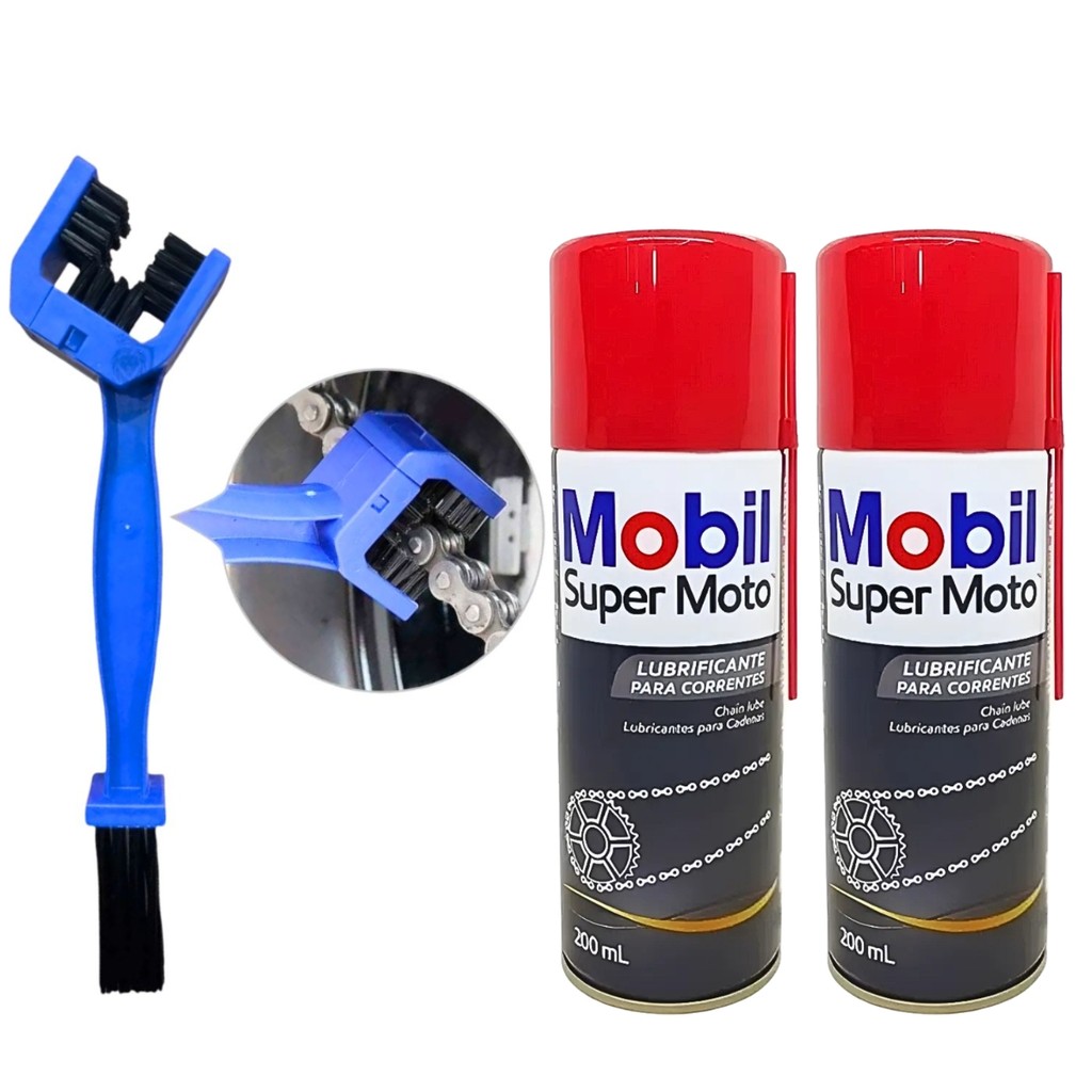 KIT COM 2 LUBRIFICANTES CORRENTE TRANSMISSAO MOTO BIKE MOBIL CHAIN LUBE 200 ML + ESCOVA DUPLA SHIVER