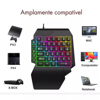 Teclado Gamer RGB de Uma Mão USB com LED Profissional para PC, Notebook e Jogos