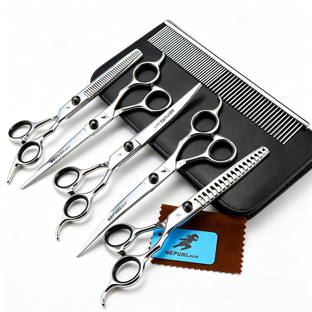 Kit Tesoura Cabeleireiro Profissional 7 Polegadas Reta Curva Desfiadora Fina E Peixe Com Pente Estojo Para Salão