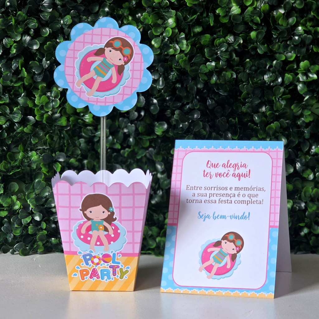 Centros de mesa + Plaquinhas POOL PARTY MENINA para festa infantis lembrancinhas de aniversario decoração personalizados