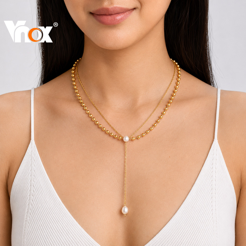 Conjunto De Colar De 2 Peças De Pérola Redonda De Aço Inoxidável Vnox Para Mulheres Joias Em Camadas Da Moda