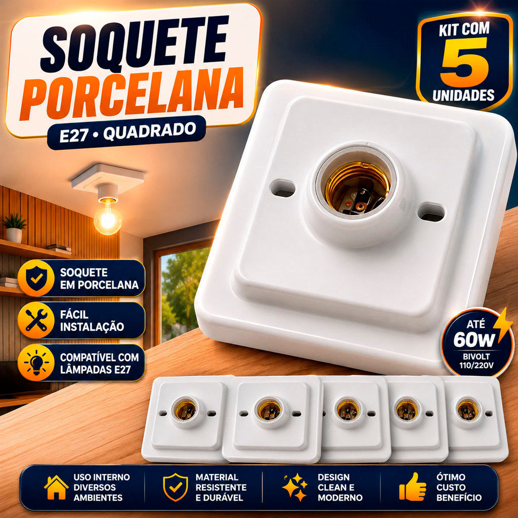 Kit 5 Plafons Quadrados E27 Soquete Porcelana OPL Sala Quarto Cozinha E Corredor