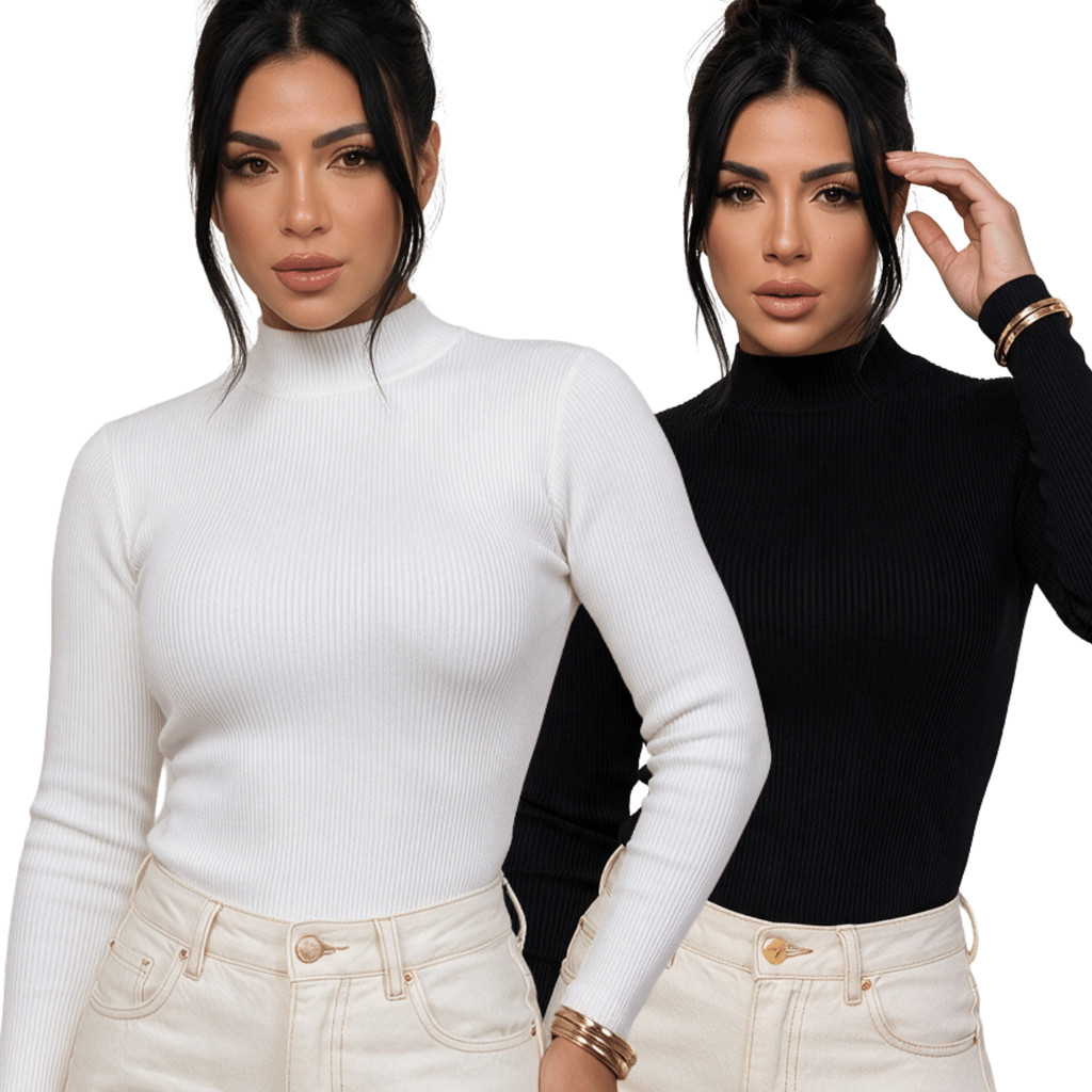 Kit 2 Blusas Femininas Cacharrel Manga Longa Canelada Básica Gola Alta Moda Inverno Confortável Qualidade