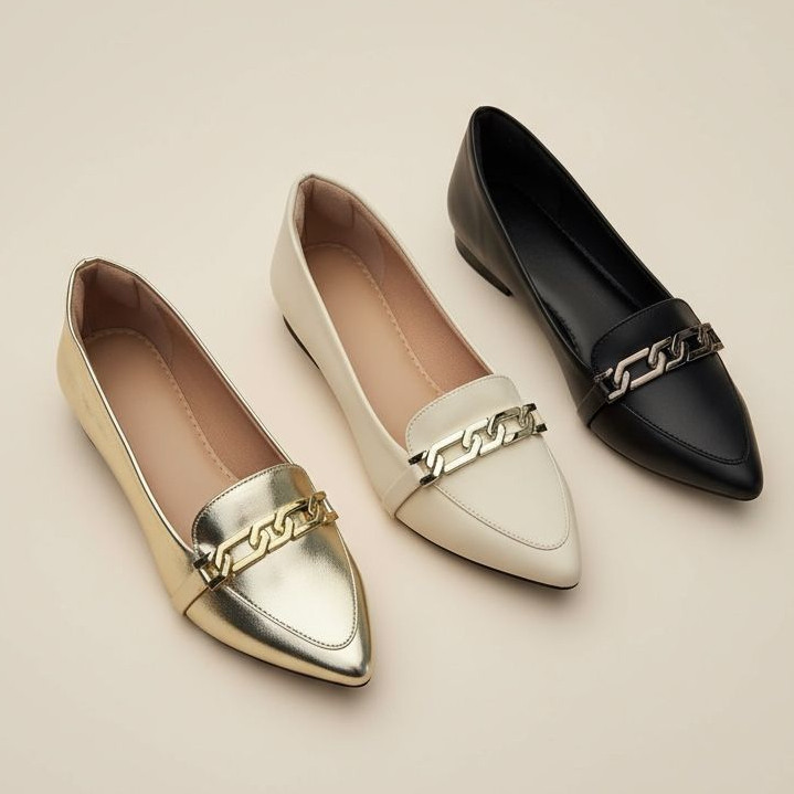 Sapatilha Feminina Confortável Luxo Elegante Sapato Feminino Mocassim Bico Fino Corrente
