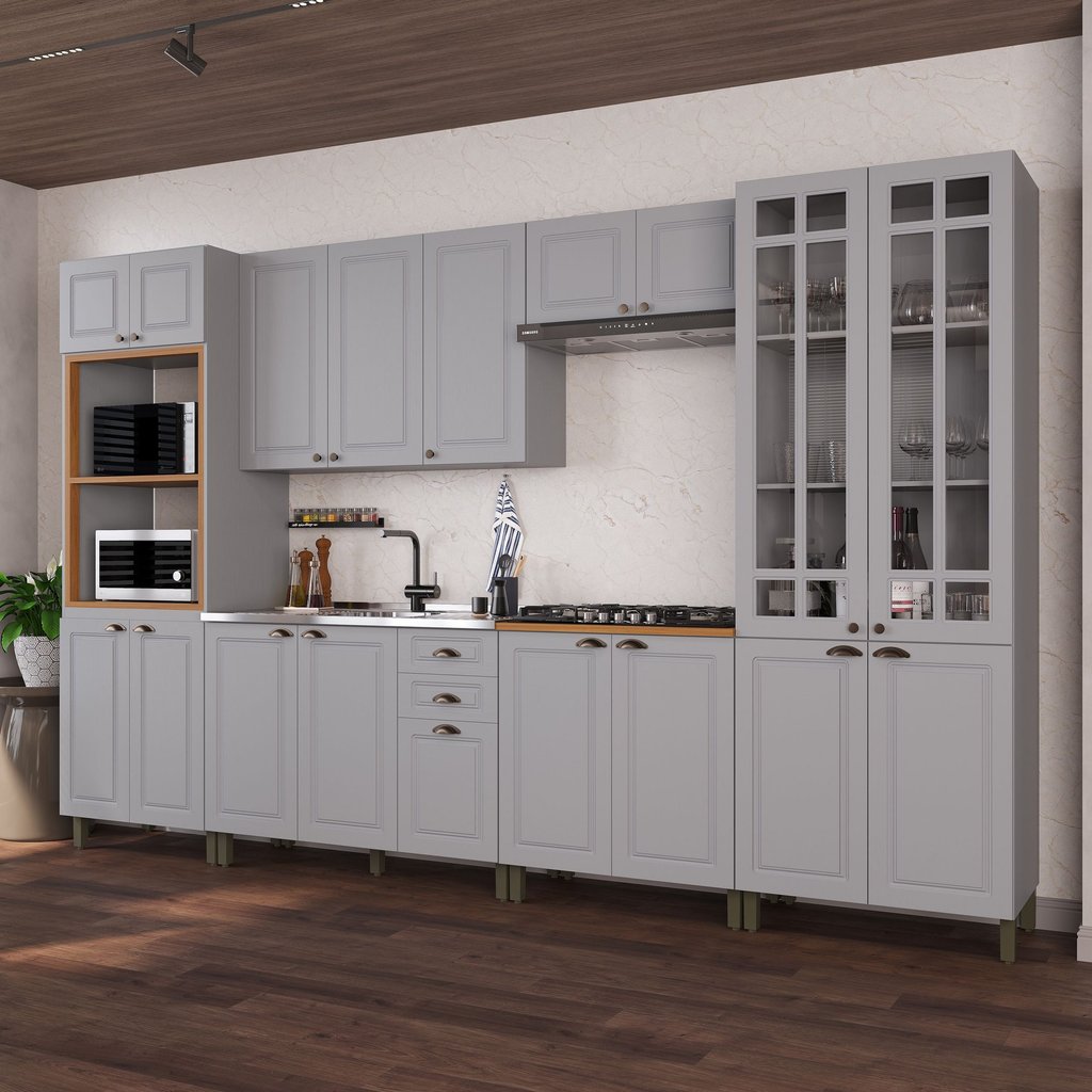 Cozinha Modulada 6 Peças 1 Torre Quente 1 Cristaleira com Vidro 2 Balcão sem Tampo 2 Aéreos 100% MDF Bari