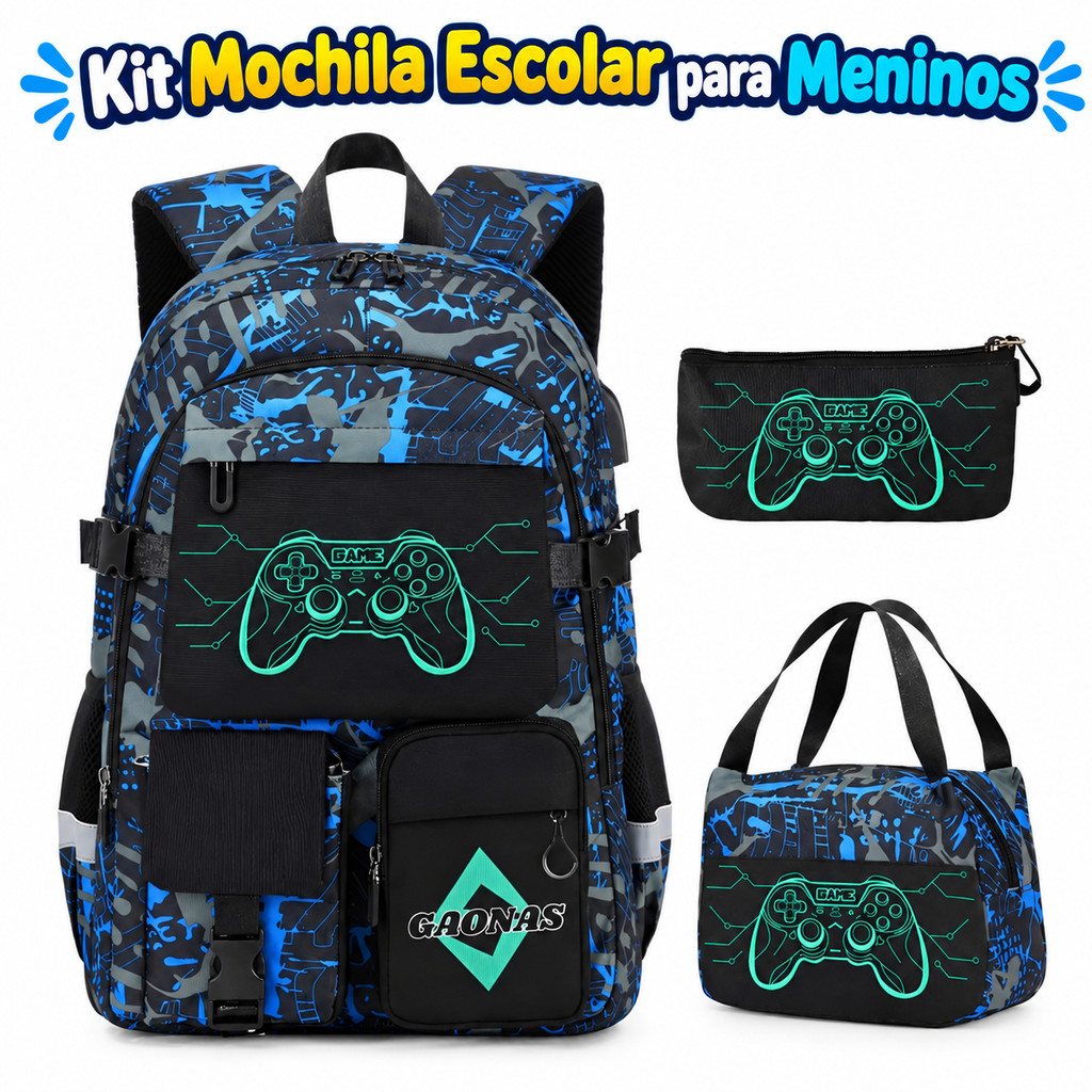 Kit Mochila Escolar Infantil Menino Lancheira Estojo Game Player Lançamento Masculina e Feminina - Envio Imediato