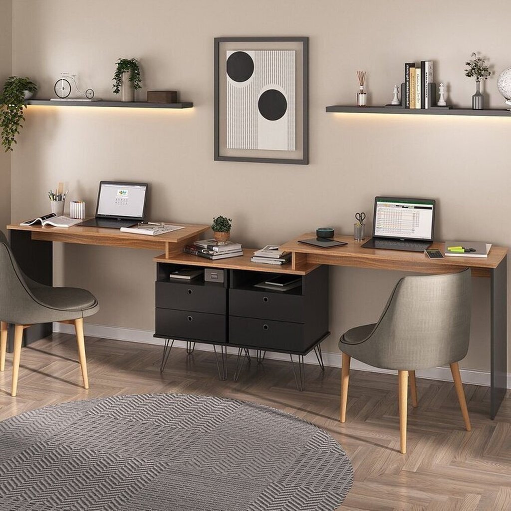 Conjunto 2 Escrivaninhas Plus Estilo 287cm Freijó e Preto Artany Freijó/Preto