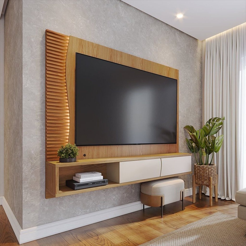 Painel Ripado para TV até 65 Polegadas com LED 179CMX155CM Detalhe 2 Portas Egeu Marrom Freijó/Off White Matte