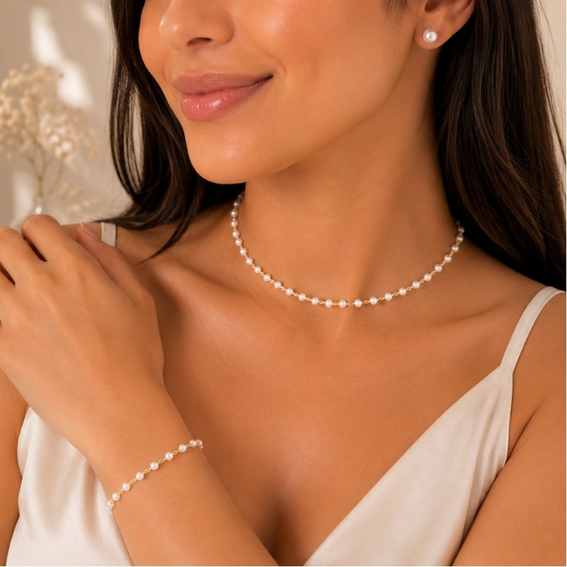 Conjunto Feminino de Pérolas Colar Choker Pulseira e Brinco Banhado Ouro 18K Moda Elegante