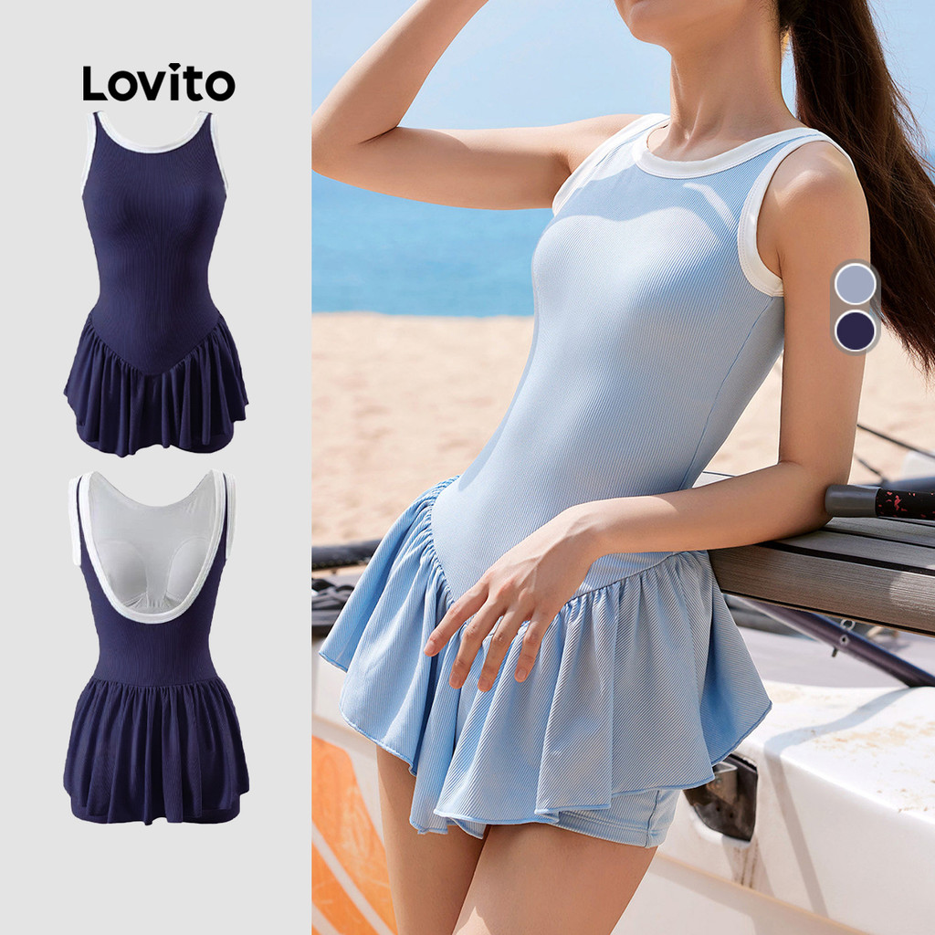 Lovito Férias Maiô Feminino de Uma Peça Preppy Color Block com Babado e Pregas Primavera/verão Azul Marinho LNE141X005